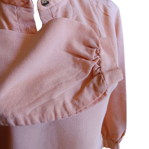 XS Vintage Peach Peasant Blouse Top Mandarin Collar Gathered Cuffs 1970s Boho - Picture 3 of 6